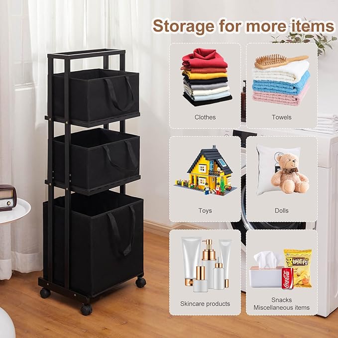 Homde Laundry Basket 3 Tier Bamboo Storage Shelf with Wheels Removable Storage Basket with Handle Freestanding Clothes Hamper Organizer for Bathroom Living Room Bedroom (Black)