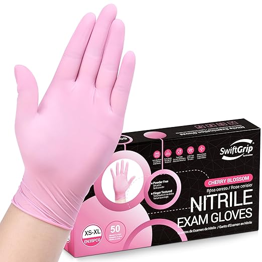 Nitrile Disposable Gloves - Medical Exam Gloves, Latex-Free, Pink, Powder-Free, 50-ct Box (Large)