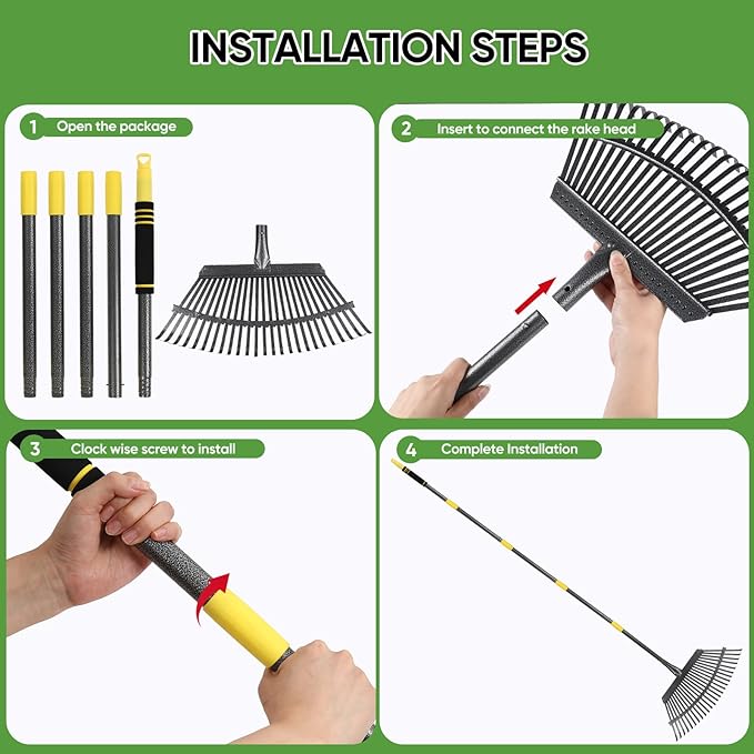 Garden Leaf Rakes, 6FT Rake for Lawns Heavy Duty 25 Metal Tines 18.5 inch Wide, Adjustable Steel Handle, Rakes for Leaves, Gathering Shrub, Grass, Yard
