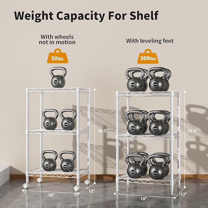 Golpart Small 3 Tier Shelves Storage Wire Shelving Unit Metal Shelf Adjustable Organizers Storage Shelving with Wheels for Bathroom Laundry Room Kitchen Pantry12”D x 18”W x 30.7”H White
