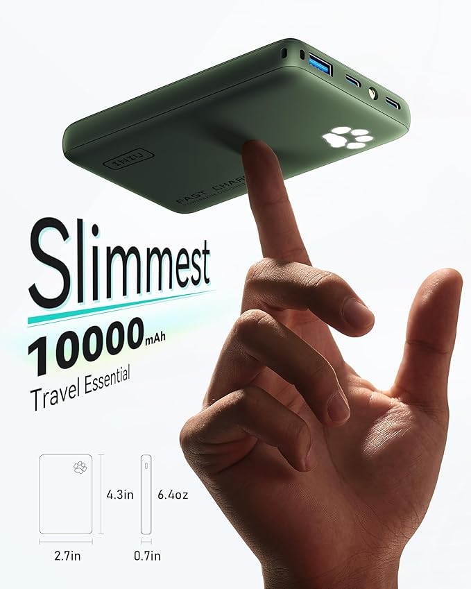 INIU Portable Charger, Ultra Slim 10000mAh 45W PD Power Bank, Fast Charging Mini Battery Pack, Travel Trip Accessories Ship Essentials for College Students Travelers Teen Boys Girls, Green