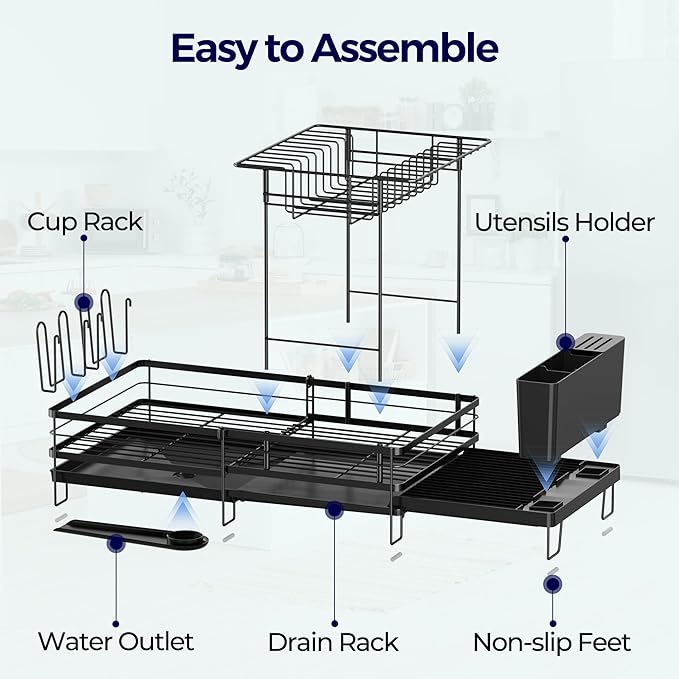 2 Tier Large Dish Drying Rack, Expandable Dish Rack for Kitchen Counter, Dish Drainer with Drainboard Set, Multifunctional Dishrack with Utensil Holder & Cup Holder, 13.4"-28.7" L x 11.8" W