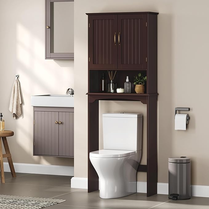 Yaheetech Over The Toilet Storage with 2 Doors & Adjustable Shelf, Free Standing Toilet Rack Wooden Space-saving Collect Cabinet, Bathroom Furniture, 9Dx24.5Wx66H Inches, Espresso