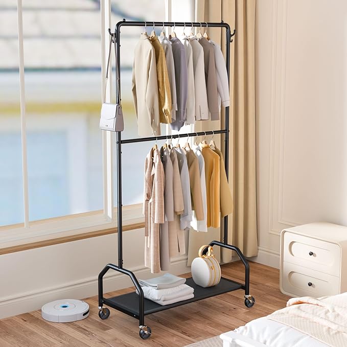 Wiracks Clothes Rack Double Hanging Clothes Rack Clothing Rack Garment Rack 130LBS Capacity 34.5" W X15.8 D X 79" H Rolling Clothes Racks for Hanging Cothes with Bottom Shelf