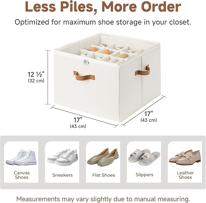 StorageWorks 2 Pack Shoe Organizer for Closet, Foldable Shoe Storage Box with Adjustable Dividers, Fabric Shoes Container, Stackable Storage Bins for Boots, Sneakers, Fits up to 16-32 Pairs, Beige