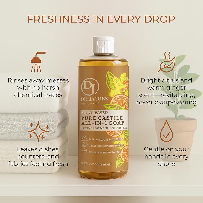 Dr. Jacobs Naturals Orange & Ginger Castile All-in-One Cleaner and Soap - Plant-Based Formula for House Cleaning Floors and Appliances - Gentle on Skin and the Planet - 32 oz, 2 Pack