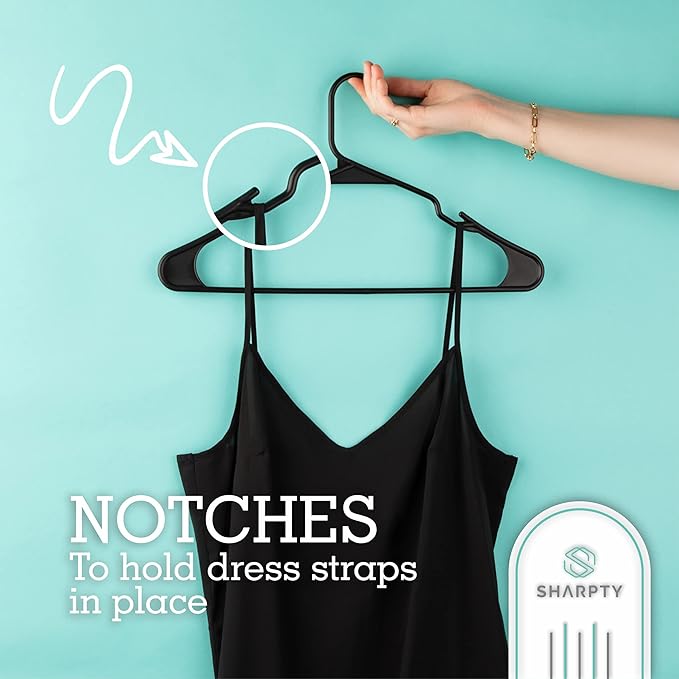 Sharpty Plastic Hangers Clothes Hangers for Clothing, Closet, Coats & Shirts - Notched, Durable & Space Saving - For Everyday Standard Use, Room Essentials & Basics - 35 Pack – Black