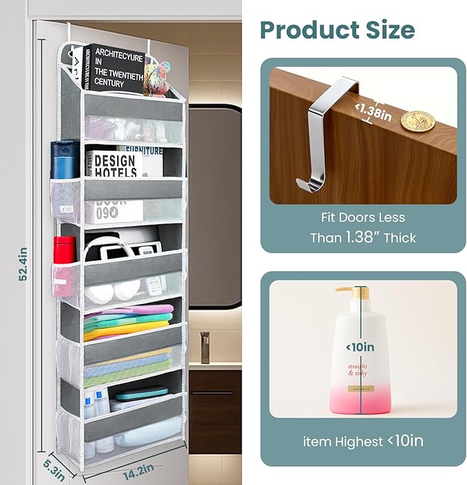 Sturdiness Over The Door Organizer, 5 Shelves & 8 Side Pockets,Anti Tilt Hanging Behind Door Storage, Heavy-Duty Reinforced Mesh Rack Holds 44lb for Bathroom,Pantry, Nursery,Closet, Shoes, Towels