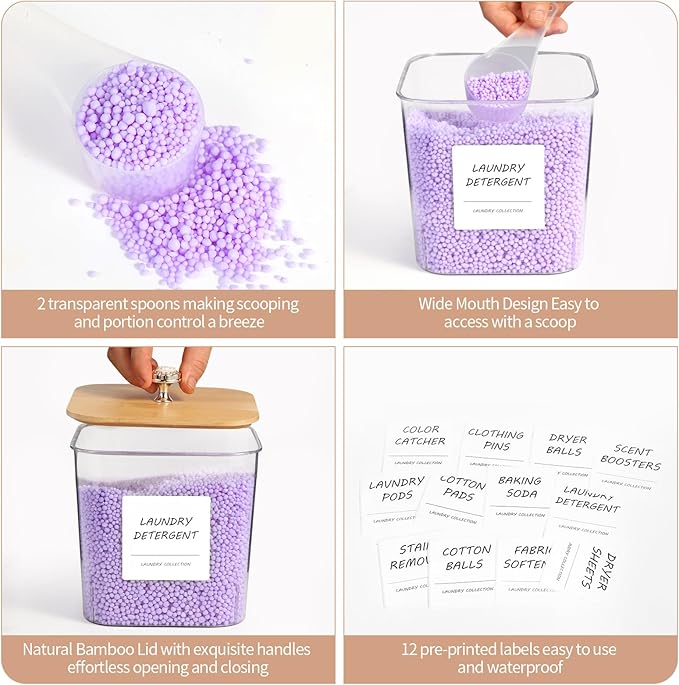 3 Pack Laundry Room Organization Storage Containers, Plastic Clear Laundry Pods Container & Dryer Sheet Holder Jars with Lids, Scoops & Labels for Detergent, Powder, Dryer Balls, Beads