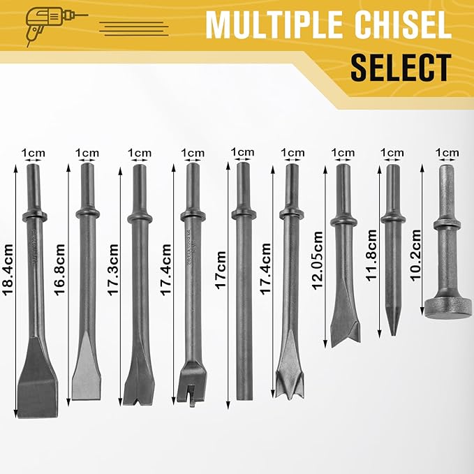 Air Hammer Bits Set - 9pcs Pneumatic Hammer Chisel Bits, Air Chisel Bits, Air Hammer Punch Chipping Bits Set, Air Hammer Atachments for Tile Masonry Concrete Stone Demolition, Rust Removal, Drilling