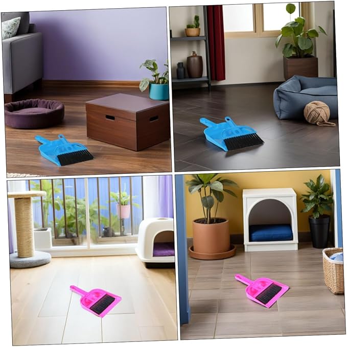 Mini Dustpan and Brush Set for Small Pets Cage Cleaning, 10pcs Bright Pink and Blue, Handheld Mini Broom and Dustpan for Hamsters, Chinchillas, Hedgehogs, and Reptile Habitat