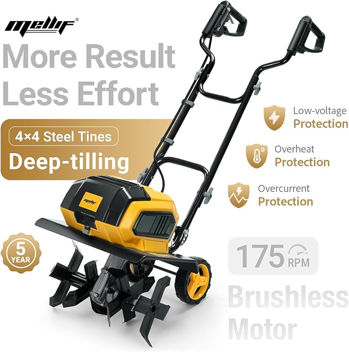 Mellif 40V Cordless Garden Tiller/Cultivator Compatible with Dewalt 20v Max Battery (Tool Bare) 14.2'' Width 8.7'' Depth 16 Steel Tines, Electric Rototiller Brushless Foldable with Adjustable Wheels