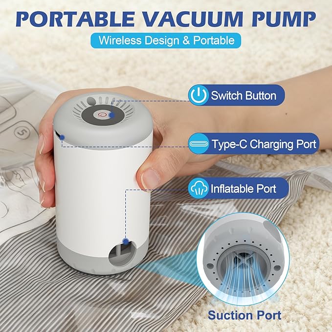 Fantictas Travel Vacuum Storage Bags with Rechargeable Air Pump, 18 Pack Portable Space Saver Bags, Compression Bags for Clothing, Bedding, Seasonal Storage & Packing Bags for Moving