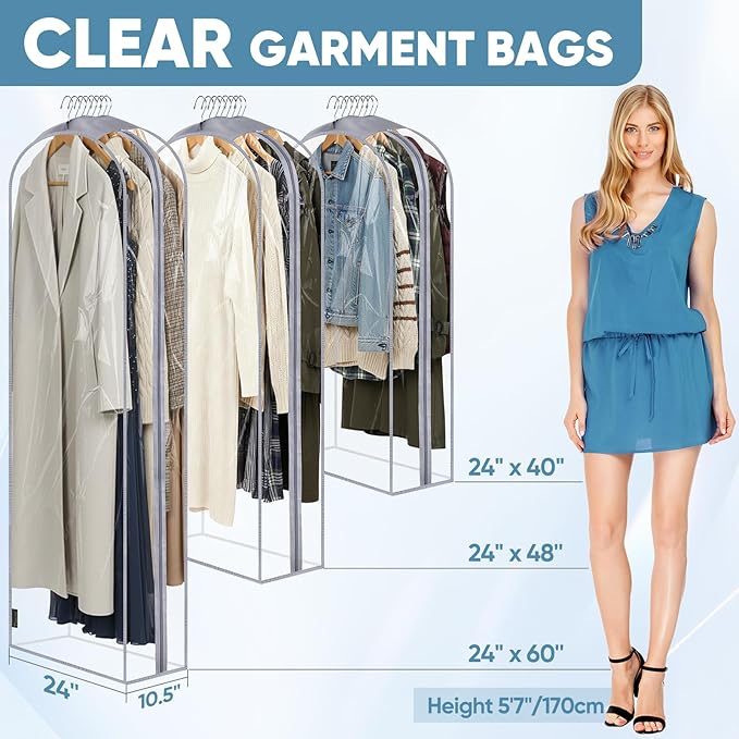 BALEINE 60'' Clear Garment Bags, 10.5'' Wide PEVA Suit Bag for Closet Clothes Dresses Suit Coats Storage (Clear, 3PK)