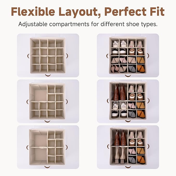 StorageWorks Shoe Organizer for Closet, Shoe Storage Cubby Containers with Adjustable Dividers and Clear Cover, Fits up to 16 Pairs, Foldable Shoe Storage Organizer Box for Closet, Entryway, Beige