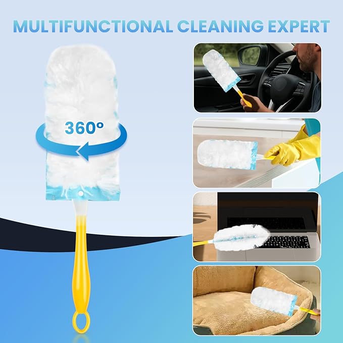 Duster Refills Compatible with Swiffer® Duster, 60 Count Heavy Duty Duster Refills with 1 Short Handle + 1 Extenda Handle, Multisurface 360° Dusters with 4X Microfibers, Unscented Dusters for Cleaning