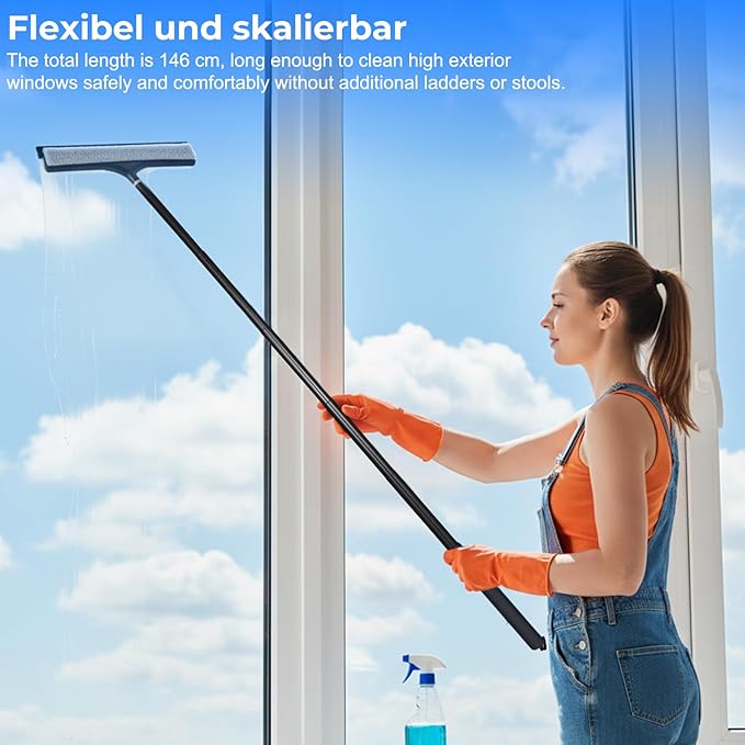 Shower Squeegee with Long Handle, Telescoping Window and Floor Extendable Squeegee for Shower Glass, Bathroom Surfaces, Mirrors, and Smooth Floors, Includes Replaceable and Washable Cloth Pads
