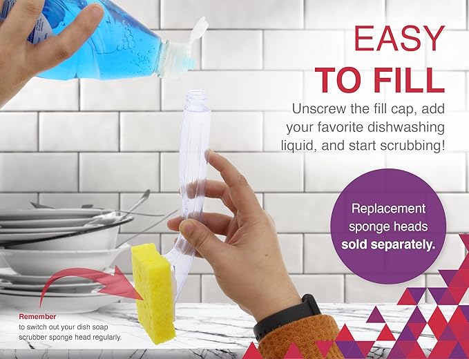 Arrow Home Products Dish Sponge with Soap Dispenser Handle - Fillable Dish Wand for Quick, Convenient Cleaning - Made in the USA - Easy to Refill, Built-In Scrubber, Ideal for Dishes and Pans