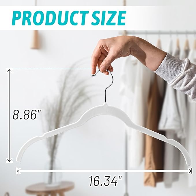 Sishynio Premium Velvet Shirt Hangers 50 Pack, Non-Slip 360° Swivel Hook Slim Felt Hanger, Space Saving Flocked Hangers for Tank Tops, Blouses, Strappy Dresses(White)