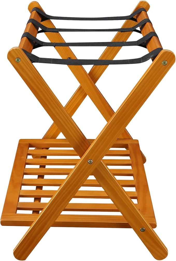 Casual Home Foldable Solid Wood Fully-Assembled Luggage Rack, 26.75"Wide with Shelf, Honey Oak
