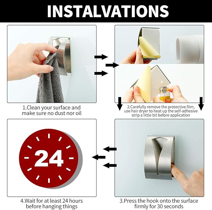 Boao 4 Pcs Self Adhesive Towel Hook Holder Grabber Stainless Steel Kitchen Dish Towel Hook Wall Mount Non Drilling Hangers Rack Hand Tea Holders for Bathroom Accesories Kitchen Gadgets (Silver)