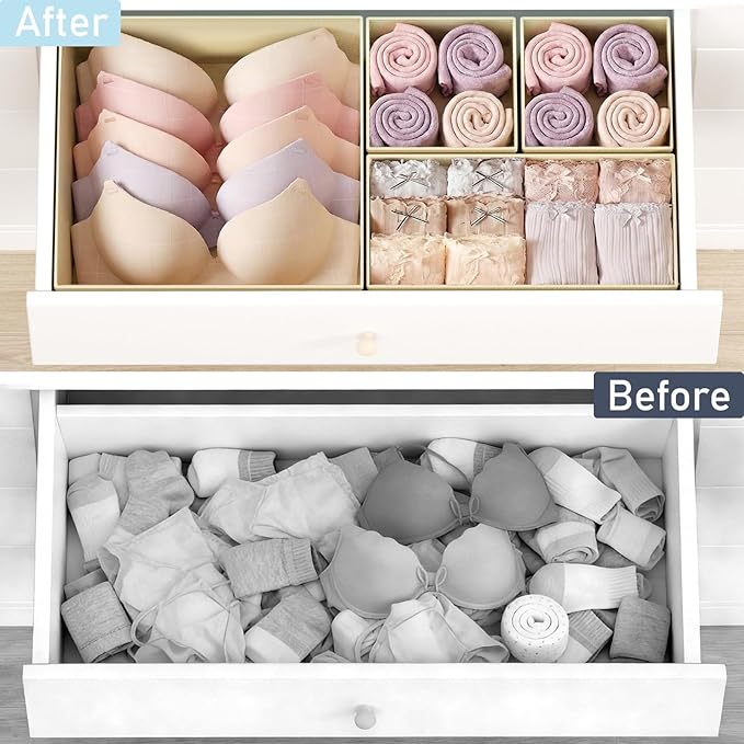 DIMJ Drawer Organizer Clothes, 30 Pack Dresser Organizer, Foldable Closet Organizers and Storage, Fabric Dresser Bins, Drawer Dividers for Nursery, Baby Clothes, Underwears, Sock,Beige