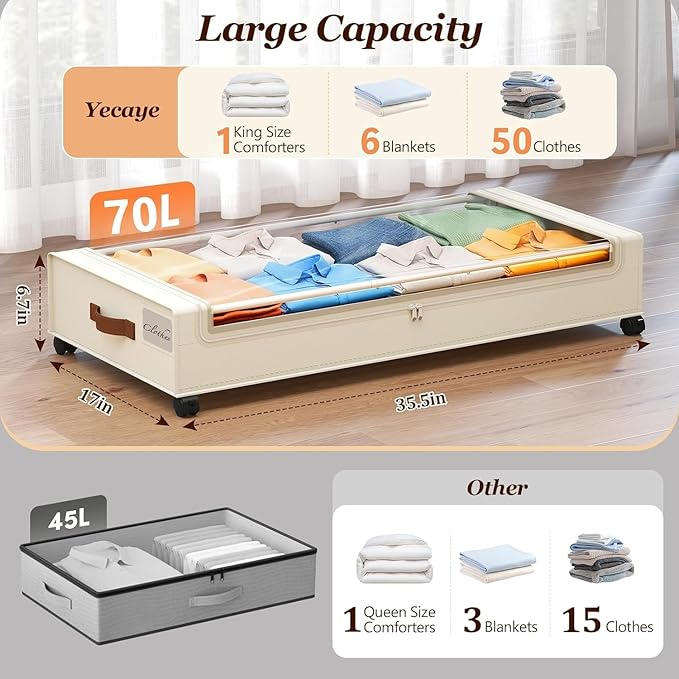 Yecaye 70L Under Bed Storage with Wheels, 3 Pack Larger Capacity Under Bed Storage Containers, Underbed Shoe Storage Organizer, Rolling Under Bed Metal Drawers for Clothes, Blankets, Beige