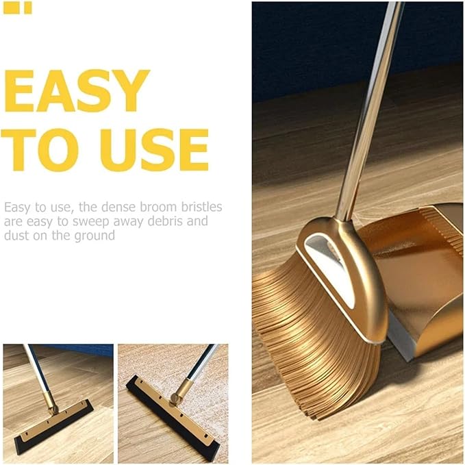 Gold Broom Dustpan Set Folding Dustpan Long Handle Rubber Wiper Space-Saving Floor Cleaner Kit Household Cleaning Accessory for Cleaning(Gold-2pcs)
