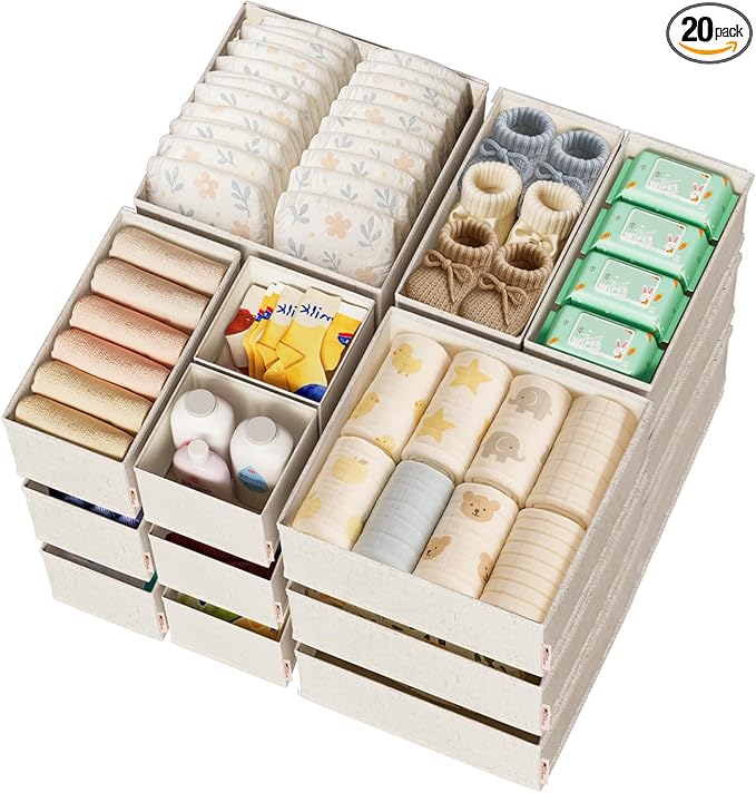 Cotton Linen Drawer Organizers for Baby Clothes, 20Pack Multi-Size Nursery Dresser Dividers for Clothes, Premium Foldable Storage Bins for Bedroom, Closet and Diaper Table, Beige