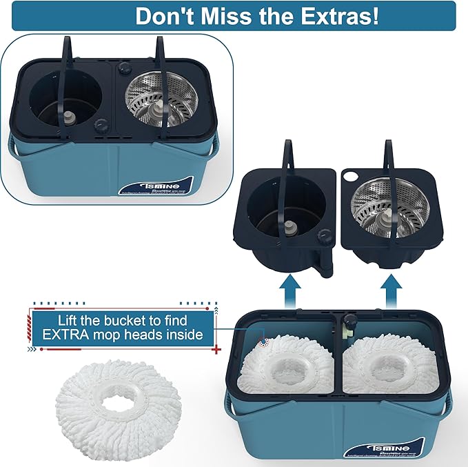 Gen 1 Large-Capacity Spin Mop and Bucket – for Big Homes & Deep Cleaning Days,4-Chamber System Separates Dirty & Clean Water, 2-GAL Heavy-Duty Design with Wheels & 8 Refill Mop Heads - Blue/Grey
