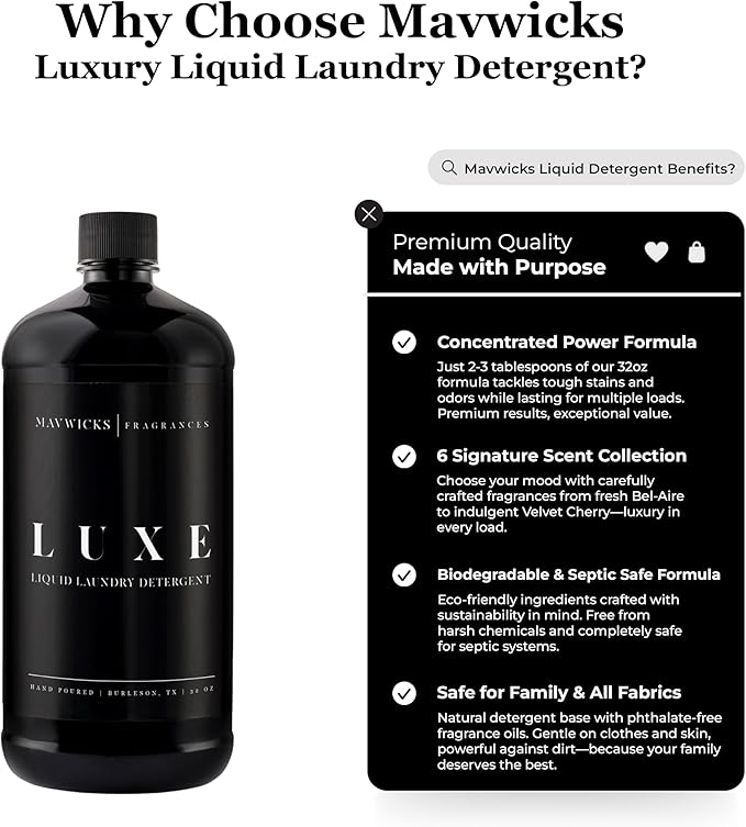Laundry Liquid Detergent (Luxe) - 32 Oz Laundry Perfume Bottle for Men & Women, Stain & Odor Remover, Deep Clean, Long-Lasting Fragrance and Freshness for All Fabrics