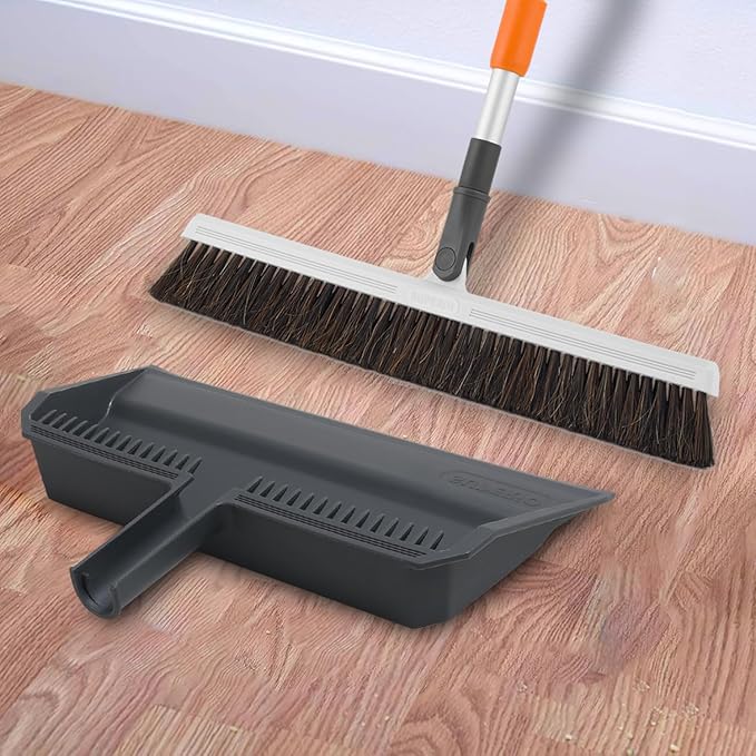 Superio 18" Horse Hair Upright Broom with Telescopic Handle & 16" Gray Dustpan with Comb, Rubber Lip & Clip – Narrow Thin Dust Broom for Dog Hair – Hardwood & Tile Floor Cleaning Set – Gray
