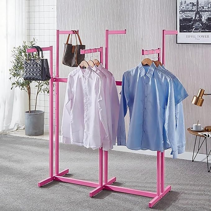 Floor Standing Metal Garment Rack - Heavy Retail Display Racks With Wheels, 6 Arms Clothing Rack, Square Tubing Portable Shirt Rack, Merchandise Display RackFor Hanging Clothes (Pink)