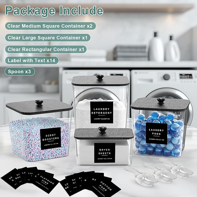 POLRAI 4 Pack Laundry Pod Containers and Dryer Sheet Holder Clear Jars with Bamboo Lids and Labels Laundry Room Organization Containers for Scent Booster Powder Detergent Pods Storage