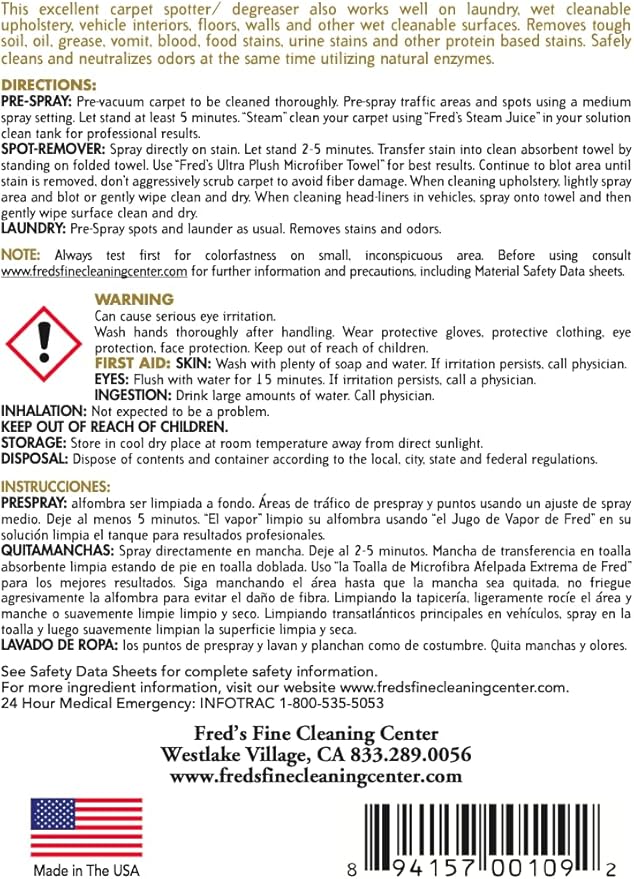 Fred's Fine Cleaning Center Ultra-Powered Enzyme Stain Buster for Carpet, Laundry, and More, Quart Size