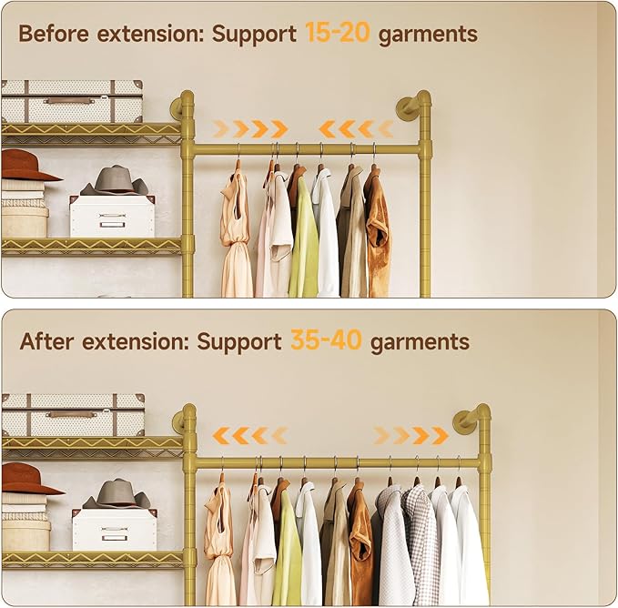 ONBRILL H4 Wall Mounted Closet System, Expandable Industrial Pipe Clothes Rack Clothing Rack for Hanging Clothes, Heavy Duty Closet Organizers and Storage in Wardrobe Closet - Gold