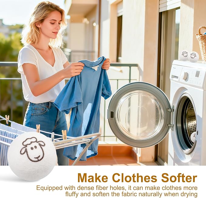 6 Pcs Wool Dryer Balls, Reusable New Zealand Natural Fabric Softener & Static Reducer Wool Laundry Balls for Dryer to Reduce Wrinkles & Shorten Drying Time, for Pet Hair & Laundry, with Storage Bag
