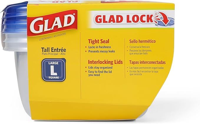 Glad GladWare Tall Entree Food Storage Containers with Lids, Large Square No BPA Plastic for Meal Prep and Lunches, Lock Tight Seal, Microwave and Dishwasher Safe, 42 Oz, 3 Count