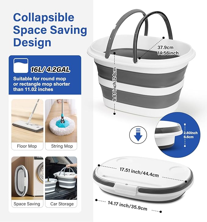 Collapsible Bucket, Upgraded 16L (4.2 Gallon) Collapsible Mop Bucket with Multi-Functional Lid, Foldable Portable Camping Beach Sand Water Pot Pail Space Saving Square, Car Washing Bucket
