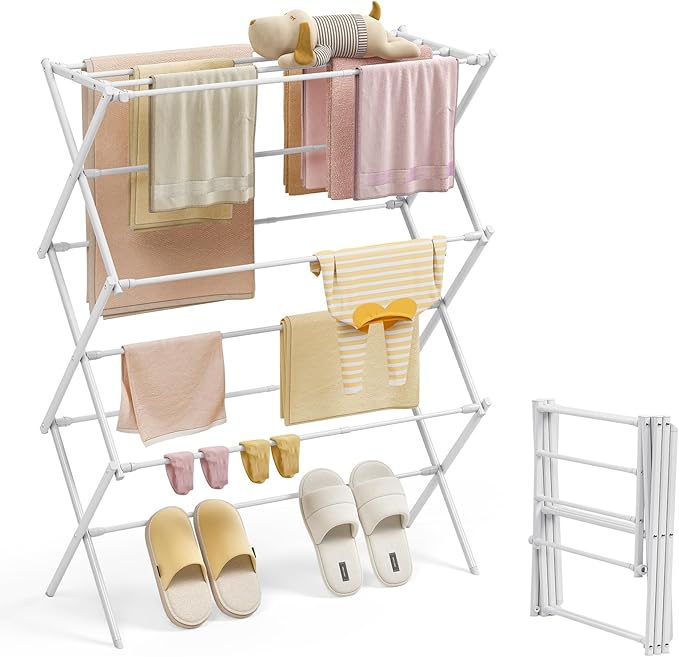 KINGBOARD Clothes Drying Rack, Collapsible Drying Rack Clothing with 11 Poles, 3-Tier Laundry Drying Rack, Small Clothes Drying Rack Foldable for Baby Clothes Sock Towel, 25lb Capacity, White & Grey