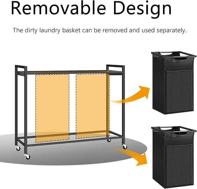 Laundry Hamper with Shelf, Laundry Basket with 2 Pull-Out Removable Bags, 2 x 13.1 Gallons(99L), Metal Frame, Lockable Wheels, for Laundry Room and Bedroom