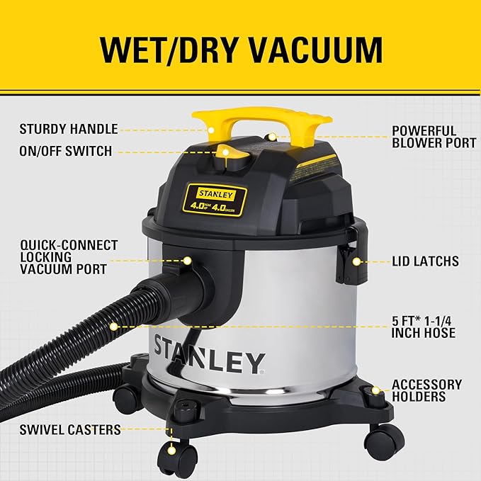 STANLEY 4 Gallon Wet Dry Vacuum, 4 Peak HP Stainless Steel 3 in 1 Shop Vacuum Blower with Powerful Suction, Vacuum for Job Site, Garage, Basement, Workshop, Top Handle, Portable Wet Dry Vac SL18301-4B