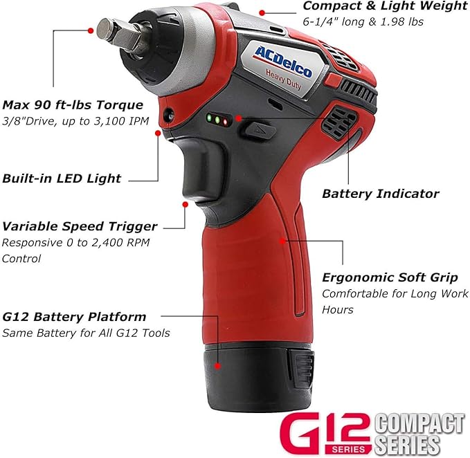 ACDelco G12 12V Cordless Combo Kit – Mini Polisher, 3/8" Impact Wrench (90 ft-lbs), Ratchet Wrench (55 ft-lbs) with 2 Li-Ion Batteries & Fast Charger, Auto Repair & DIY Tools