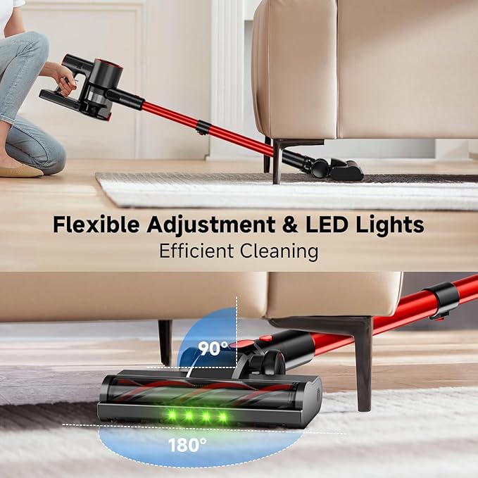 Clinkal Cordless Stick Vacuum Cleaner, 38Kpa Powerful Suction Vacuum Cleaner with LED Headlight, Detachable Battery, 8-in-1 Lightweight Handheld Vacuums for Pet Hair Carpet and Hardwood Floor, Red