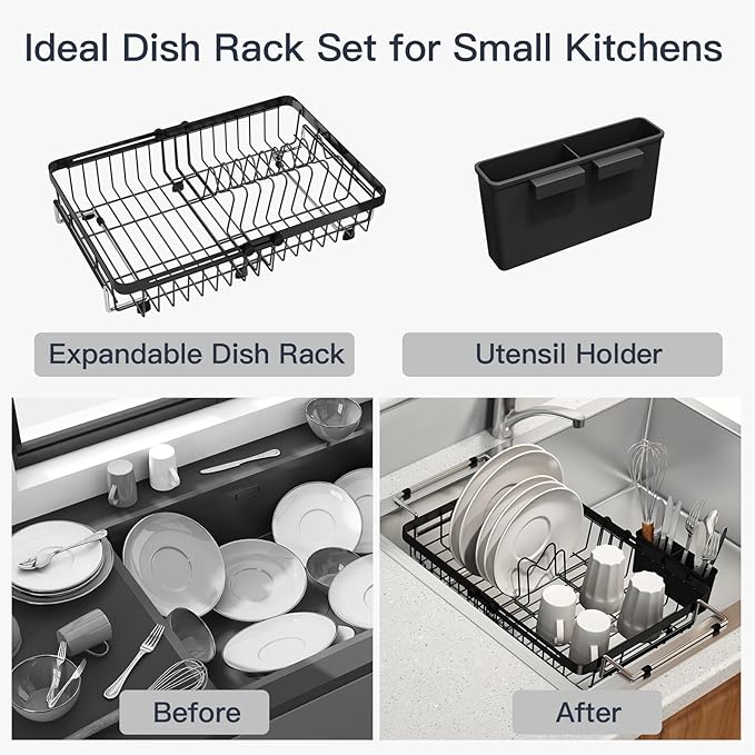 Small Expandable Over The Sink Dish Drying Rack Drainer In Stainless Steel Metal For Kitchen, Counter Space Saving Compact Above Plate Dryer Strainer, Adjustable Hanging Inside Sink Wire Drain Holder