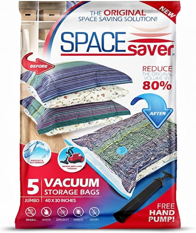 5 Pack Jumbo Vacuum Storage Bags for Comforters, Blankets & Clothes – Jumbo Vacuum Sealed Compression Bags with Hand Pump – Space Saver Storage Bags for Bedding, Moving, Travel & Organization