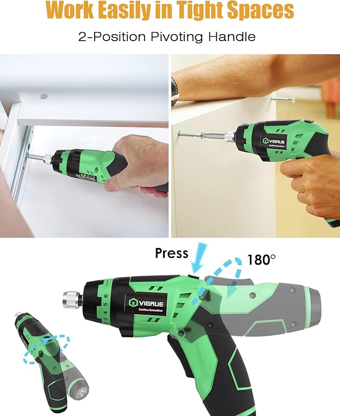 VIGRUE Cordless Screwdriver, Rechargeable Electric Screwdriver with LED Light, Flexible Shaft