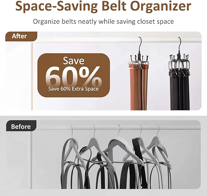 ZEDODIER 4 Pack Belt Organizer for Closet, Heavy-Duty Rotating Belt Hanger Rack Holds Multiple Belts, Hanging Space Saving Metal Belt Holder for Closet Storage, Black
