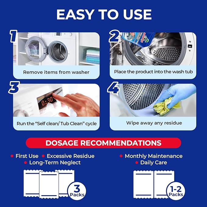 Seaways Washing Machine Cleaner Powder 4 Pack - Deep Clean Solution for HE Top Load and Front Load Washers, Descaler for Drum, Tub & All Internal Parts - 4 Month Supply