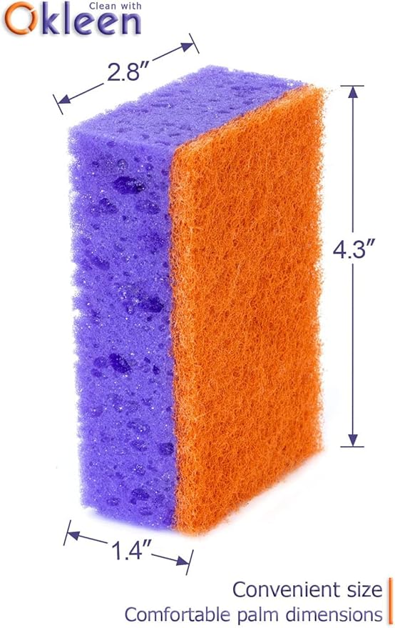 Purple and Orange Multi Use Scrub Sponges. Made in Europe. 9 Pack, 4.3x2.8x1.4 inches. Heavy Duty & Non Scratch Fiber. Odorless Durable Delicate, Easy Washable Violet Scrubber